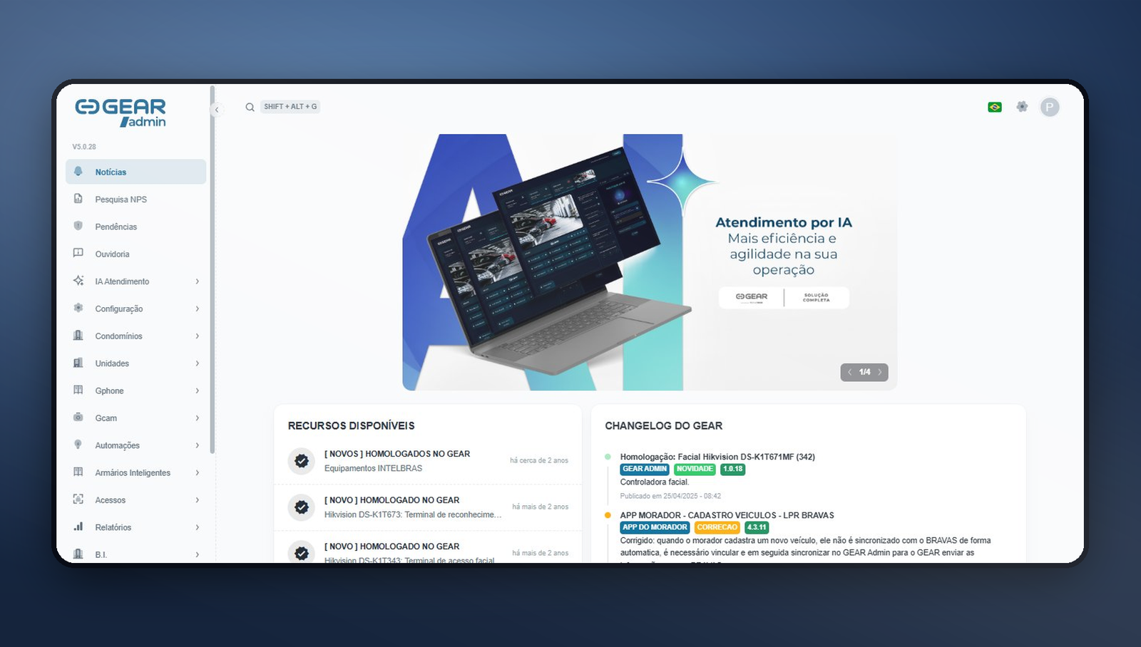 GEAR Admin — dashboards de gestão