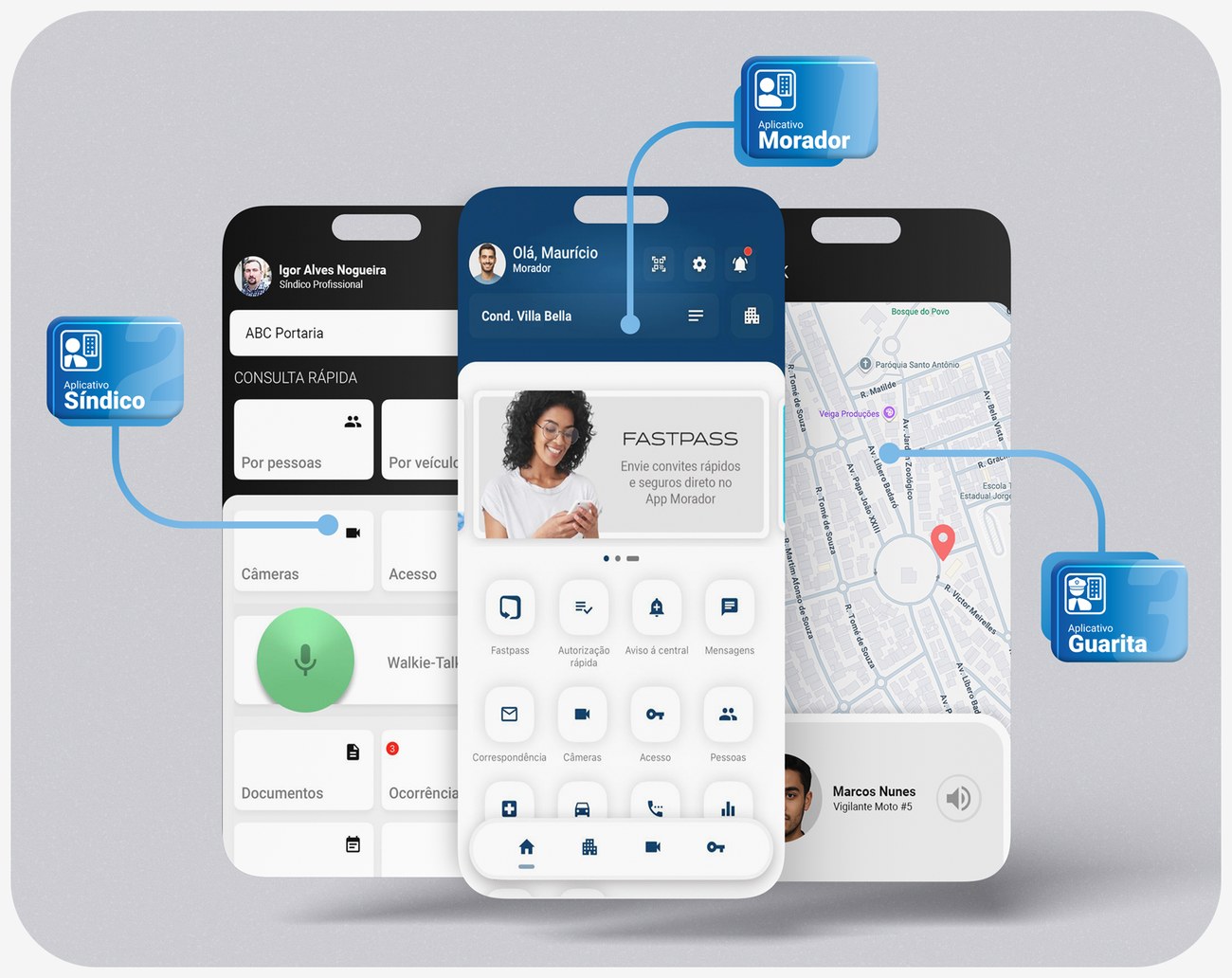 Aplicativos GEAR — Síndico, Morador e Guarita conectados à plataforma